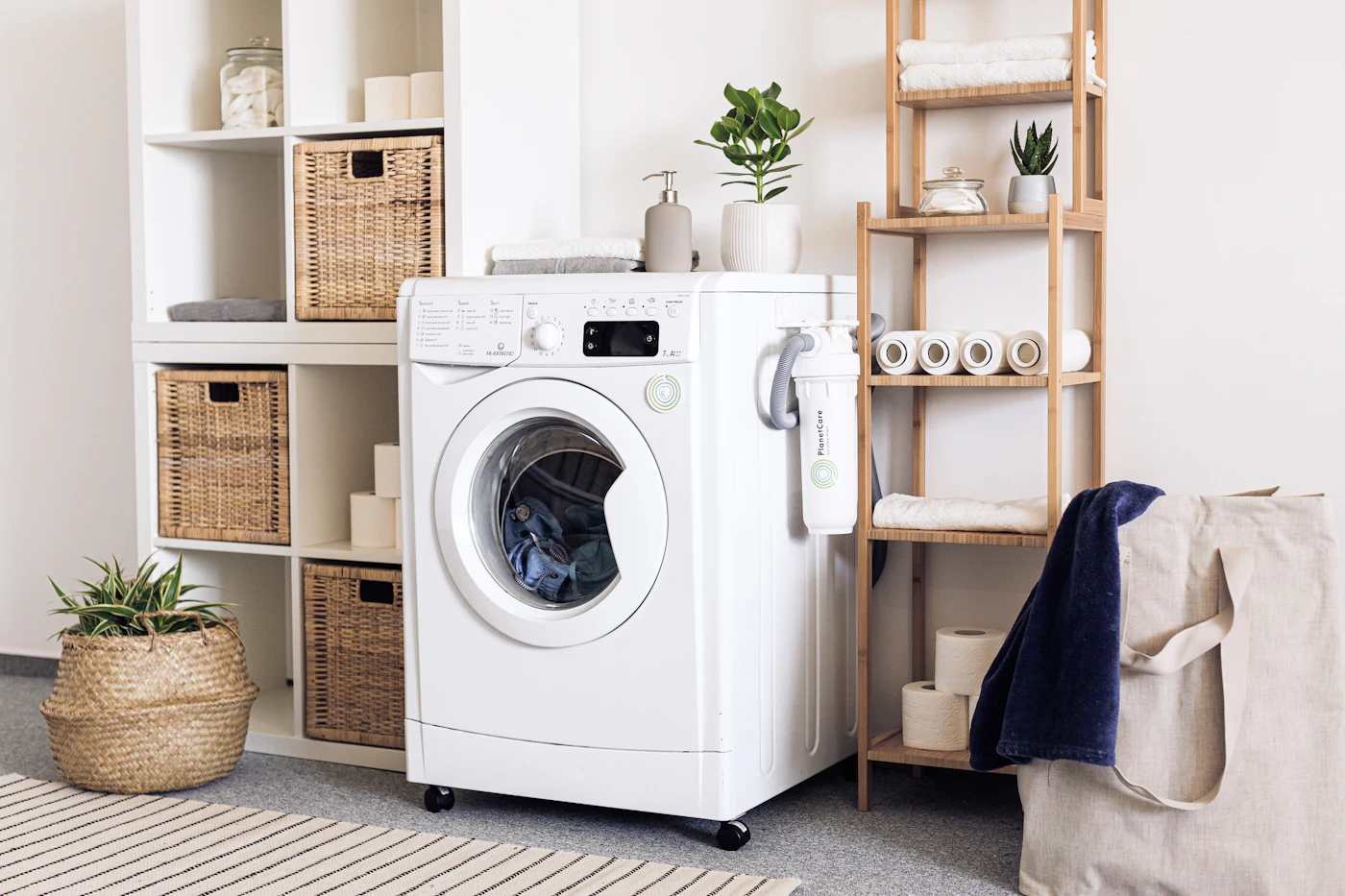 A tidy laundry room ready for washing rental linens